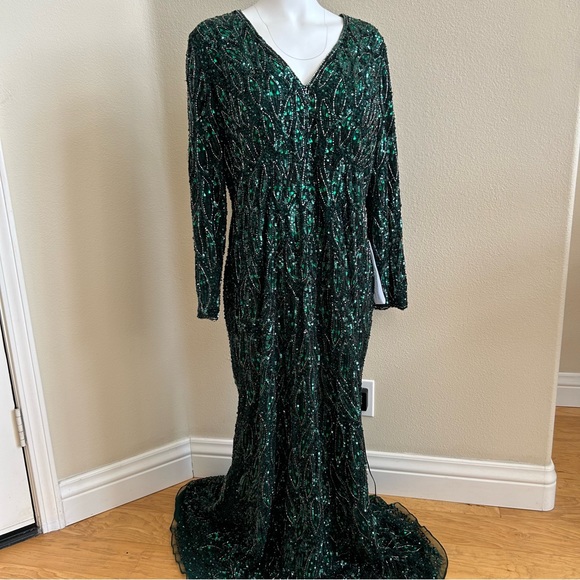Mac Duggal NWT Forest Green 18 Long Sleeve Beaded V Neck Gown NWT Train - Picture 5 of 10